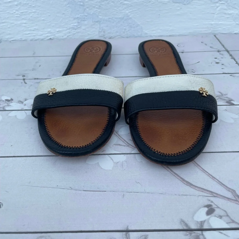 Tory Burch Black and White Leather Slide Mules